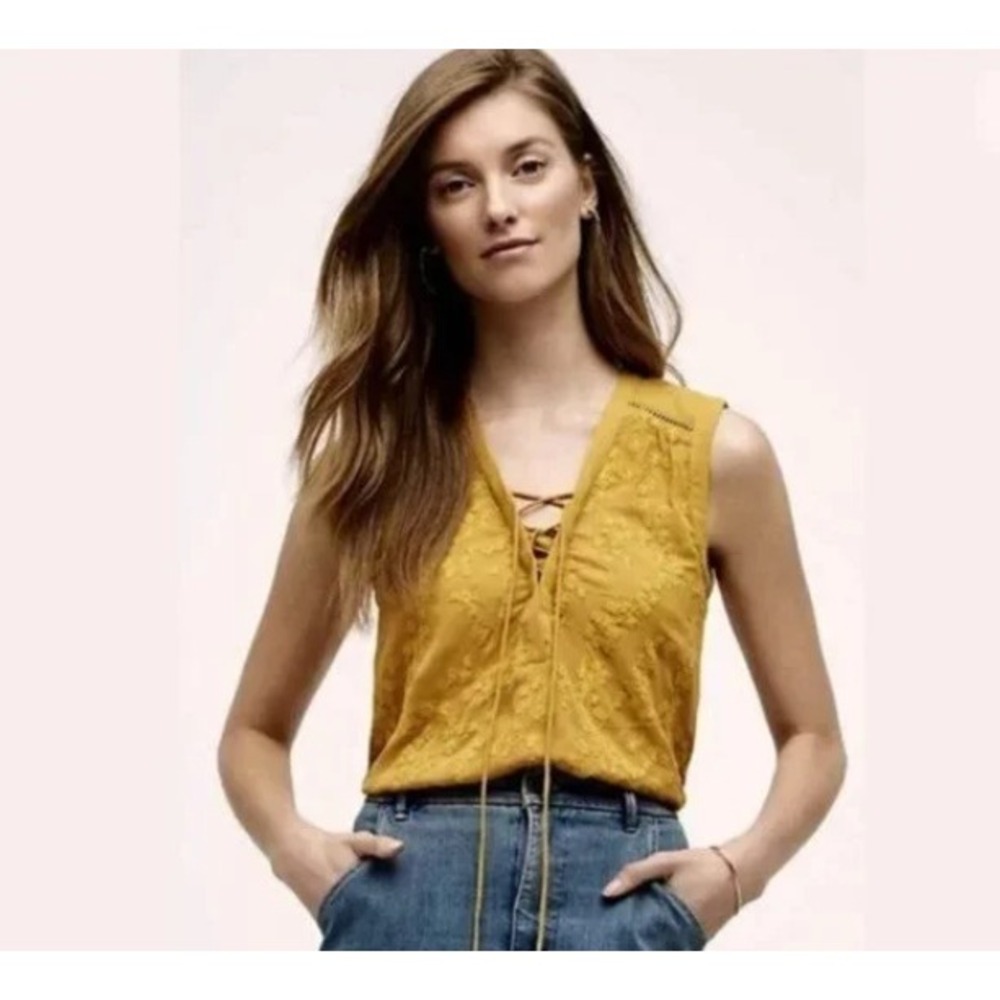 Anthropologie Mustard Yellow Lace-Up Sleeveless Blouse